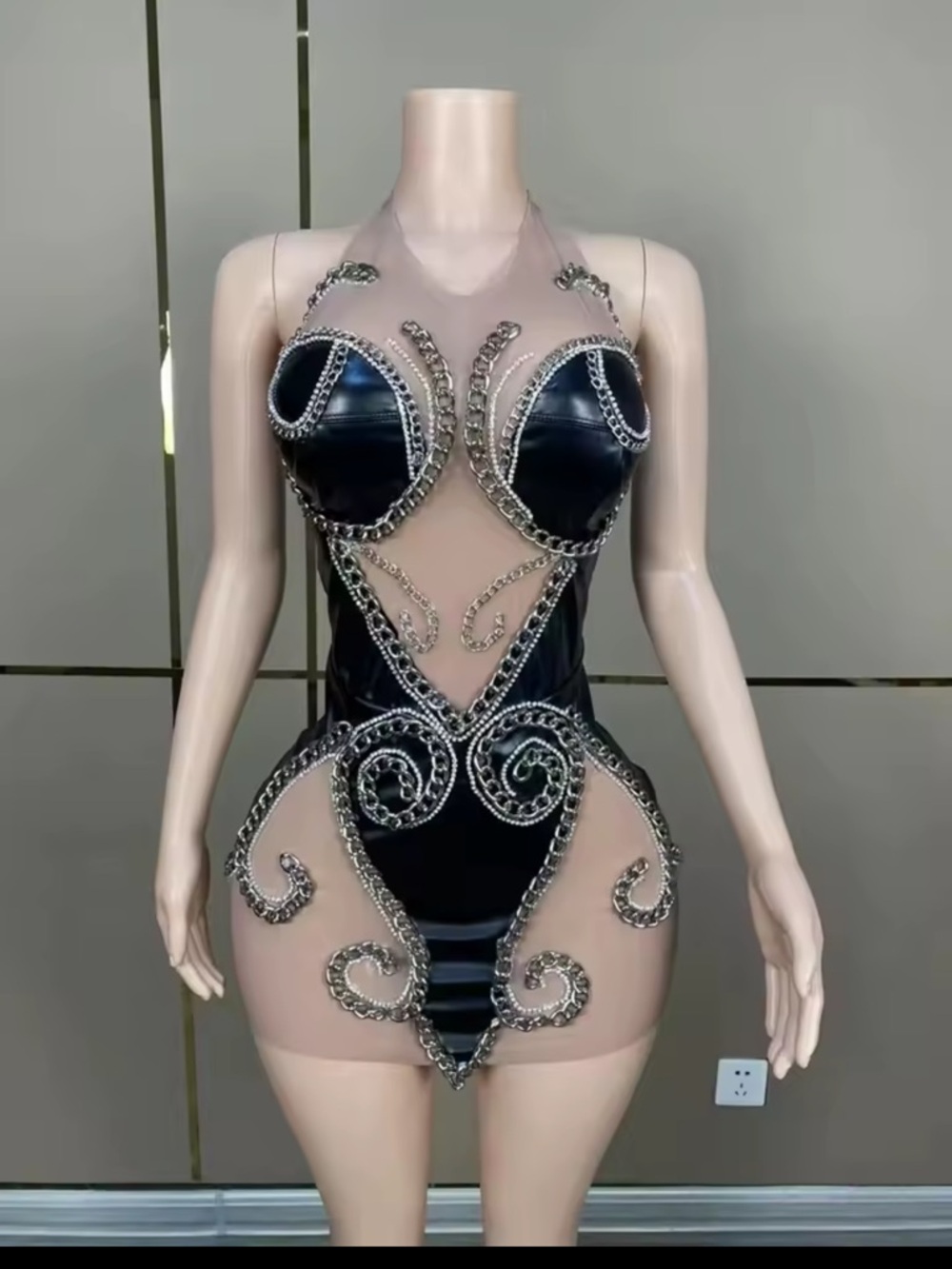 Black Faux Leather Chain-Embellished Mesh Dress